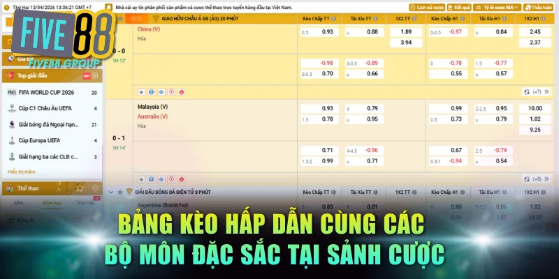 Bảng kèo hấp dẫn cùng các bộ môn đặc sắc tại sảnh cược